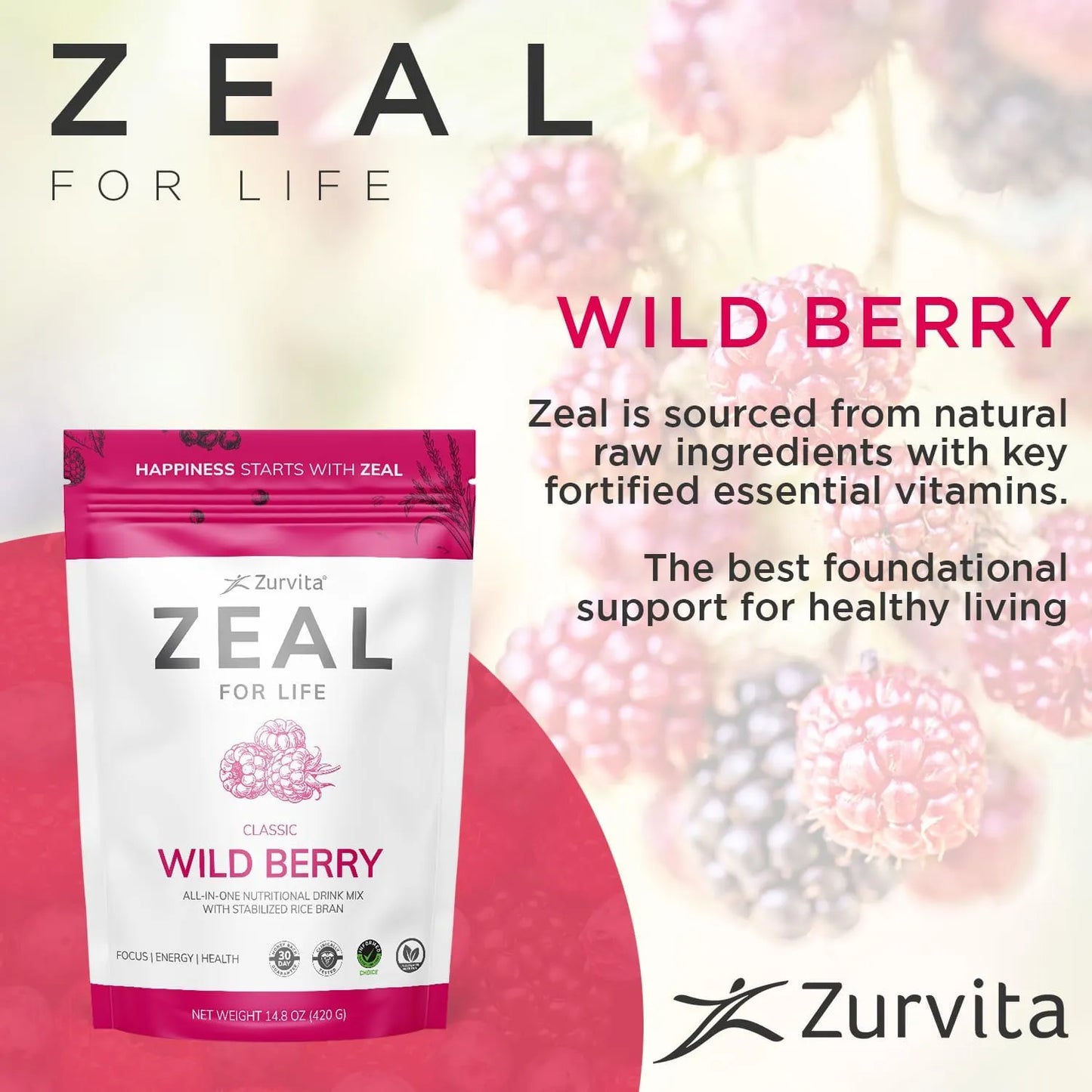 Frutos Silvestres Zeal For Life Lata 30 Dias Bienestar 14.8 Oz Energia Y Salud
