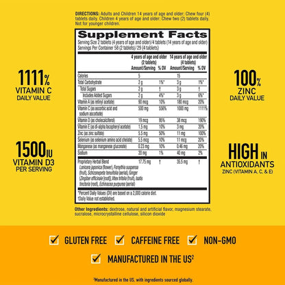 Tabletas Masticables Apoyo Inmunologico 1000 Mg Vitamina C Zinc Sabor Citrico