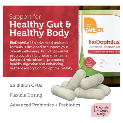 Probióticos 25 Mil Millones UFC Con 11 Cepas Y Prebióticos Zahler BioDophilus25 Suplemento Digestivo
