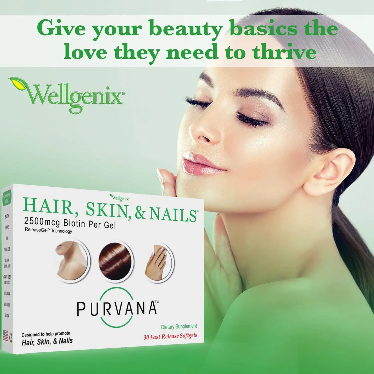 Purvana Vitamina Cabello Piel Uñas 2500 Mcg Biotina Acido Folico Dmae Usa