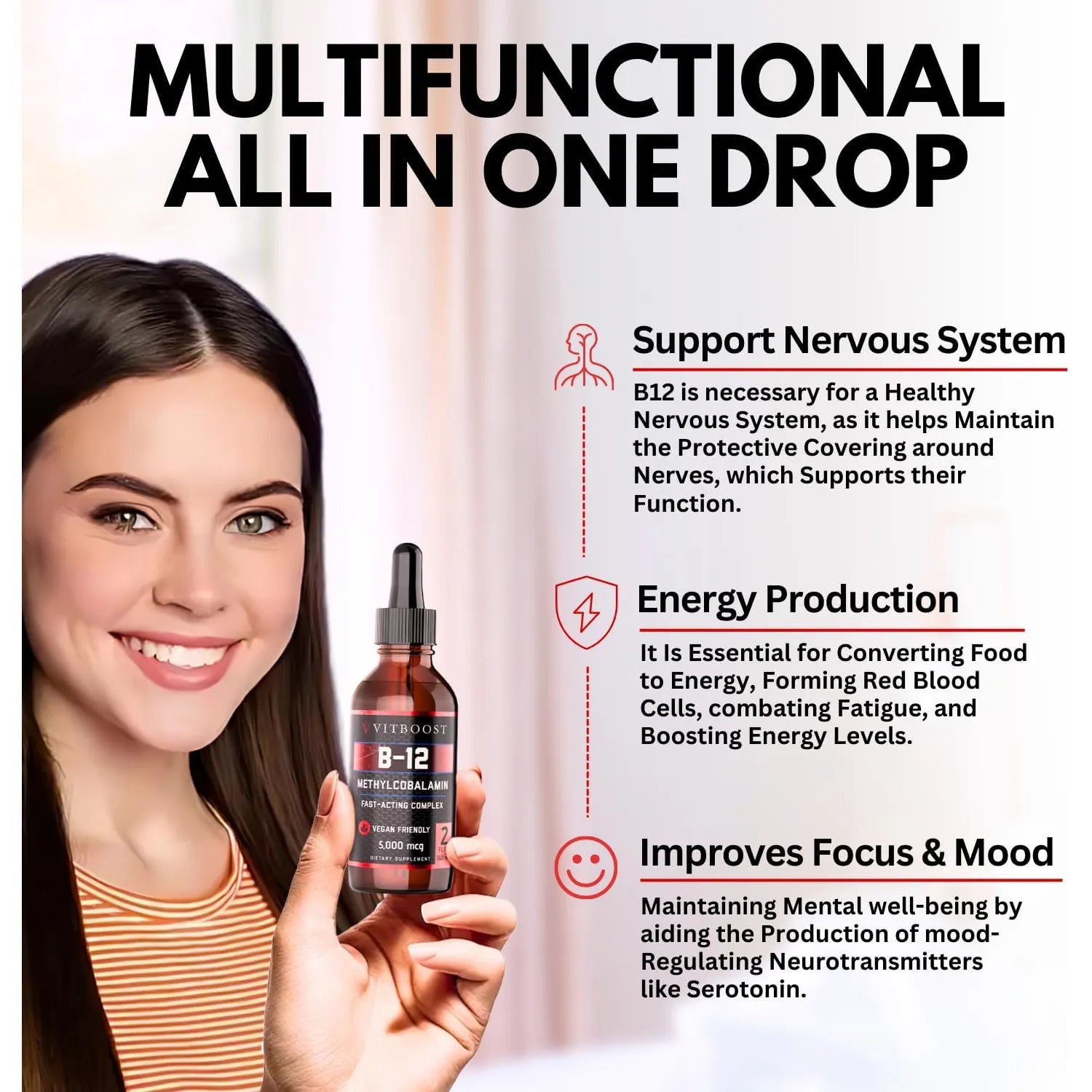 Vitboost Vegan Liquid B-12 60 Gotas 5000mcg Energía Sin Gluten - Imagen 9