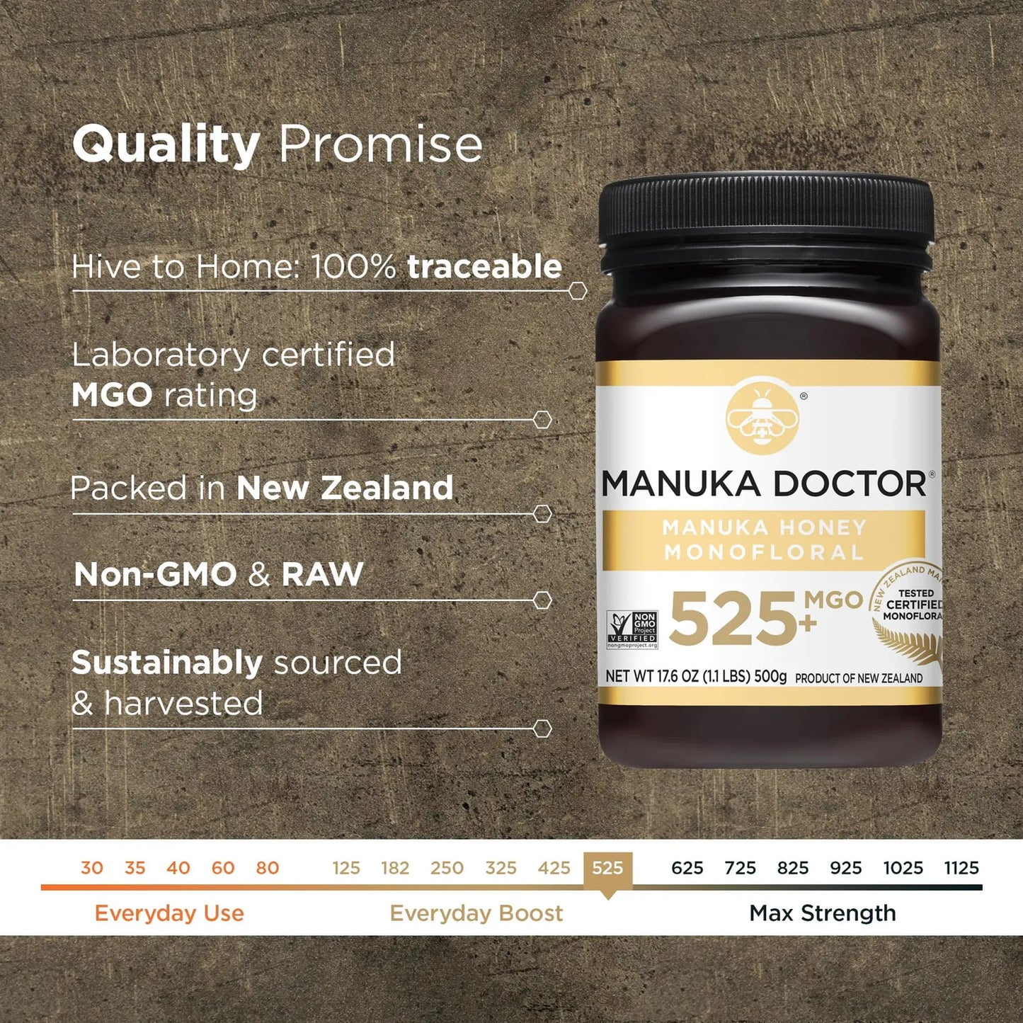 Miel De Manuka Monofloral Cruda MGO 525+ 500g Pura De Nueva Zelanda