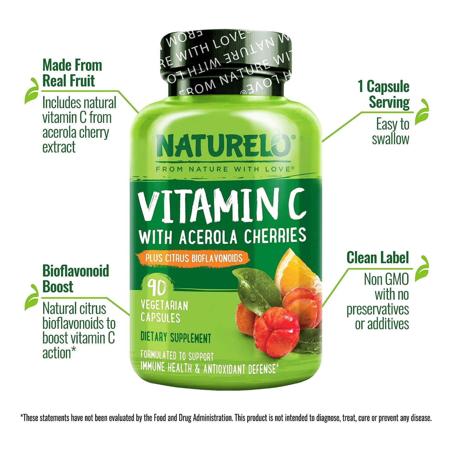 Vitamina C 500 Mg Con Extracto De Cereza Acerola Orgánica Y Bioflavonoides Suplemento Vegano 90 Cápsulas