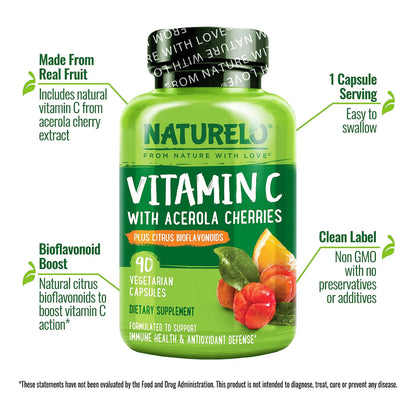 Vitamina C 500 Mg Con Extracto De Cereza Acerola Orgánica Y Bioflavonoides Suplemento Vegano 90 Cápsulas