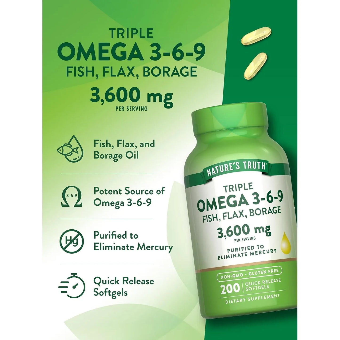 Nature's Truth Omega 3 6 9 3600 Mg 200 Capsulas Aceites Pescado Lino Borraja