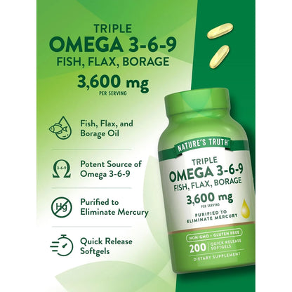 Nature's Truth Omega 3 6 9 3600 Mg 200 Capsulas Aceites Pescado Lino Borraja