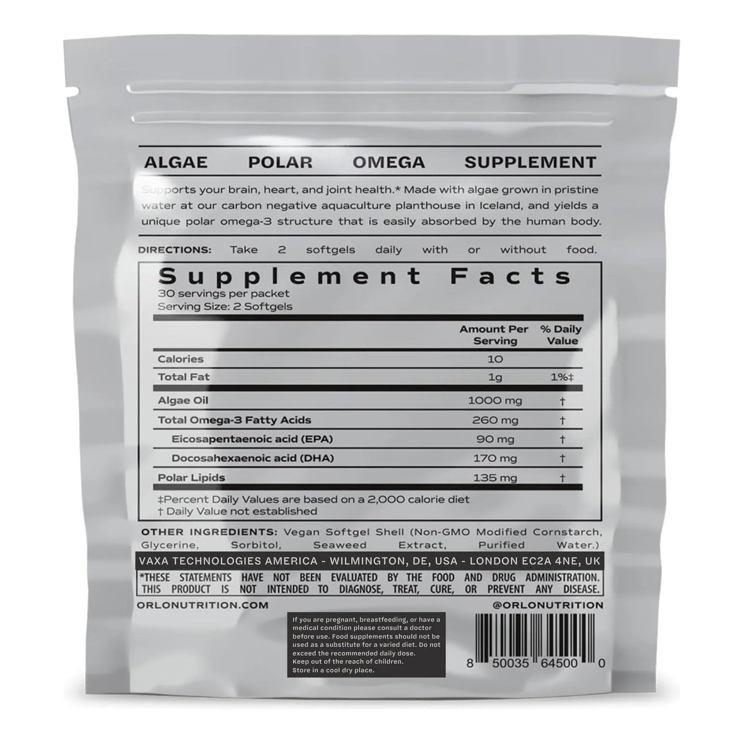 Aceite De Algas Omega 3 Triple Fuerza Con Dha Y Epa Vegano Orlo 60 Cápsulas