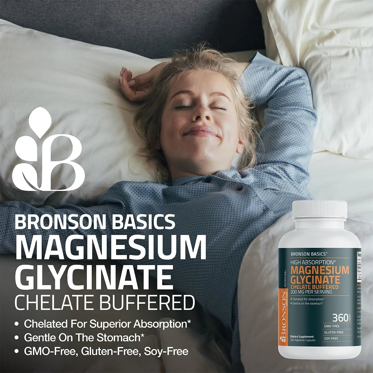 Glicinato De Magnesio Bronson 200 Mg 180 Caps Alta Absorcion Suave Con El Estomago