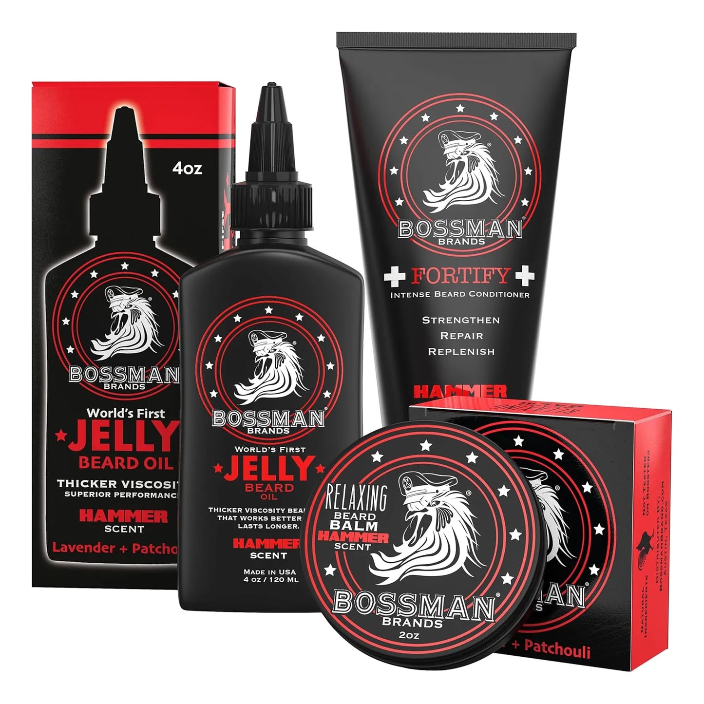 Kit Cuidado Barba Bossman Essentials Aceite Acondicionador Y Bálsamo Hammer