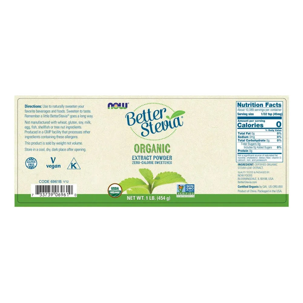 Stevia Organica En Polvo Cero Calorias NOW Foods 1 Lb Edulcorante Natural