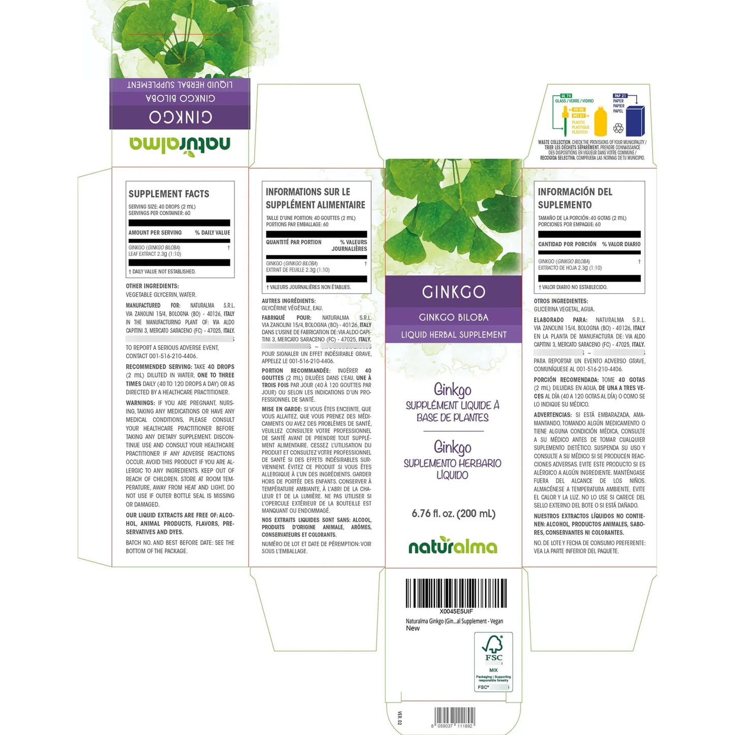 Tintura Ginkgo Biloba Naturalma Extracto Líquido 200 Ml Sin Alcohol Vegano