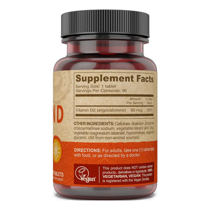 Vitamina D2 Vegana 60 Mcg 2400 Ui 90 Tabletas Suplemento Alimenticio