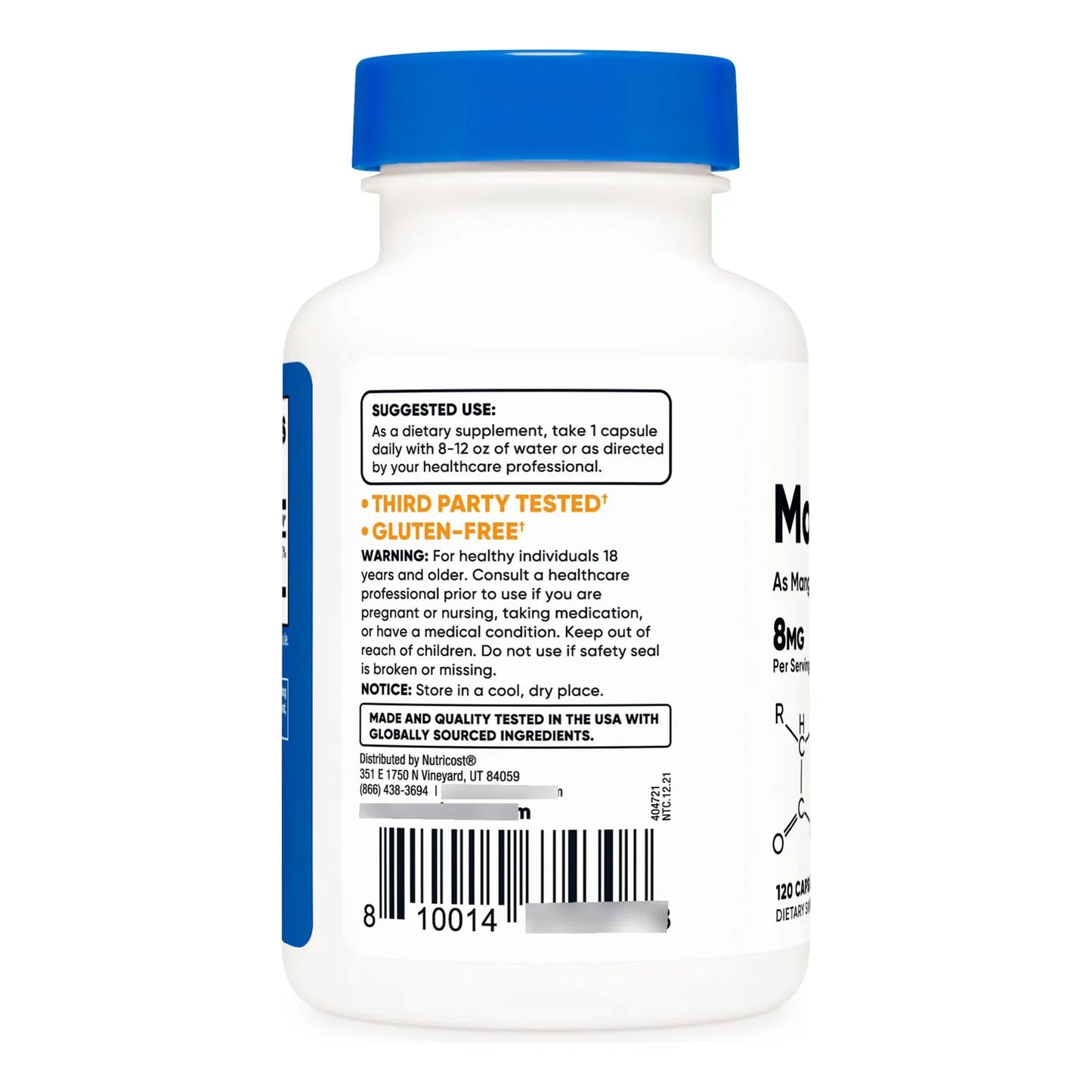 Suplemento De Manganeso Quelado 8 Mg 120 Capsulas Sin Gluten Y Apto Vegetarianos