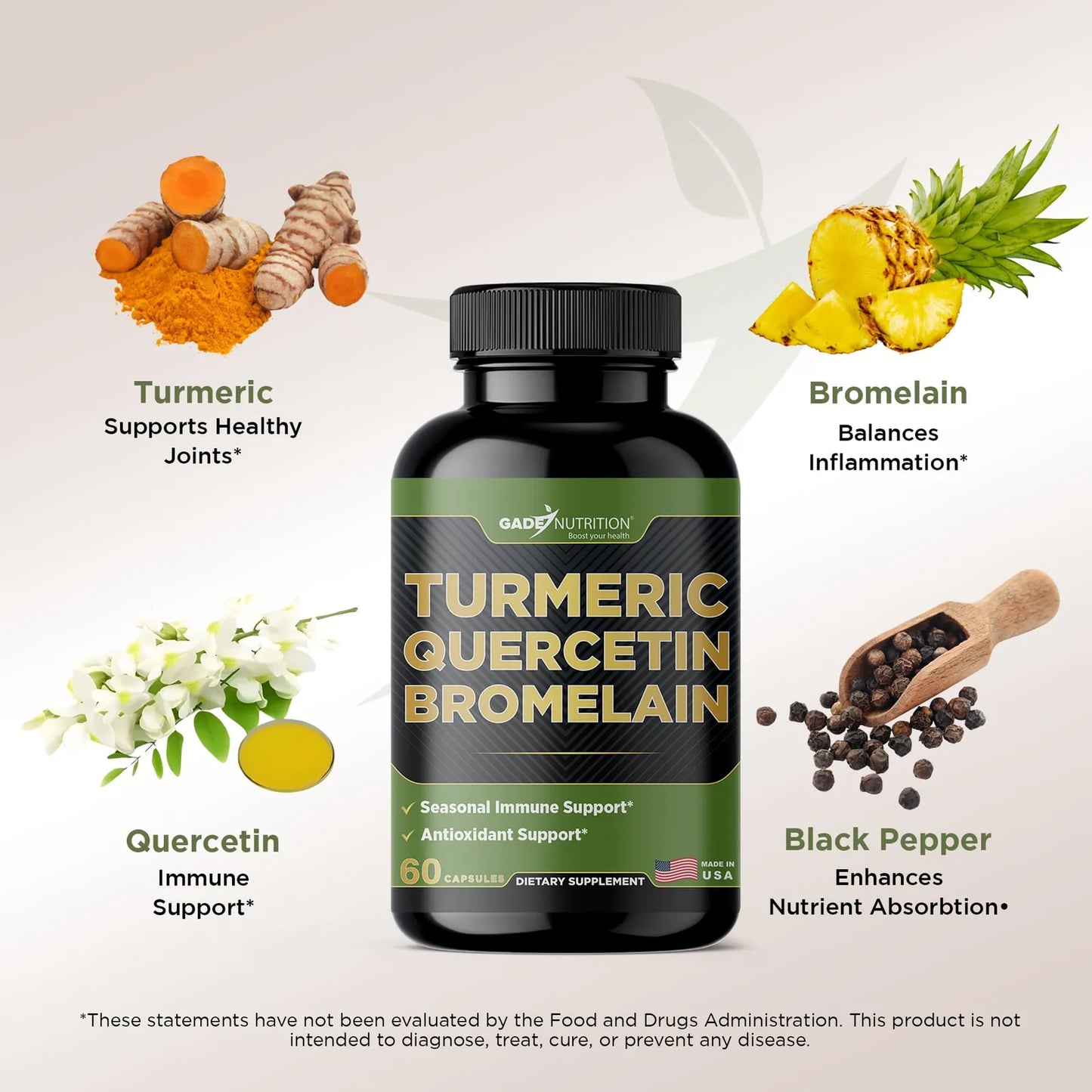 Suplemento De Quercetina Cúrcuma Bromelina 500 Mg Apoyo Inmunológico Y Articular