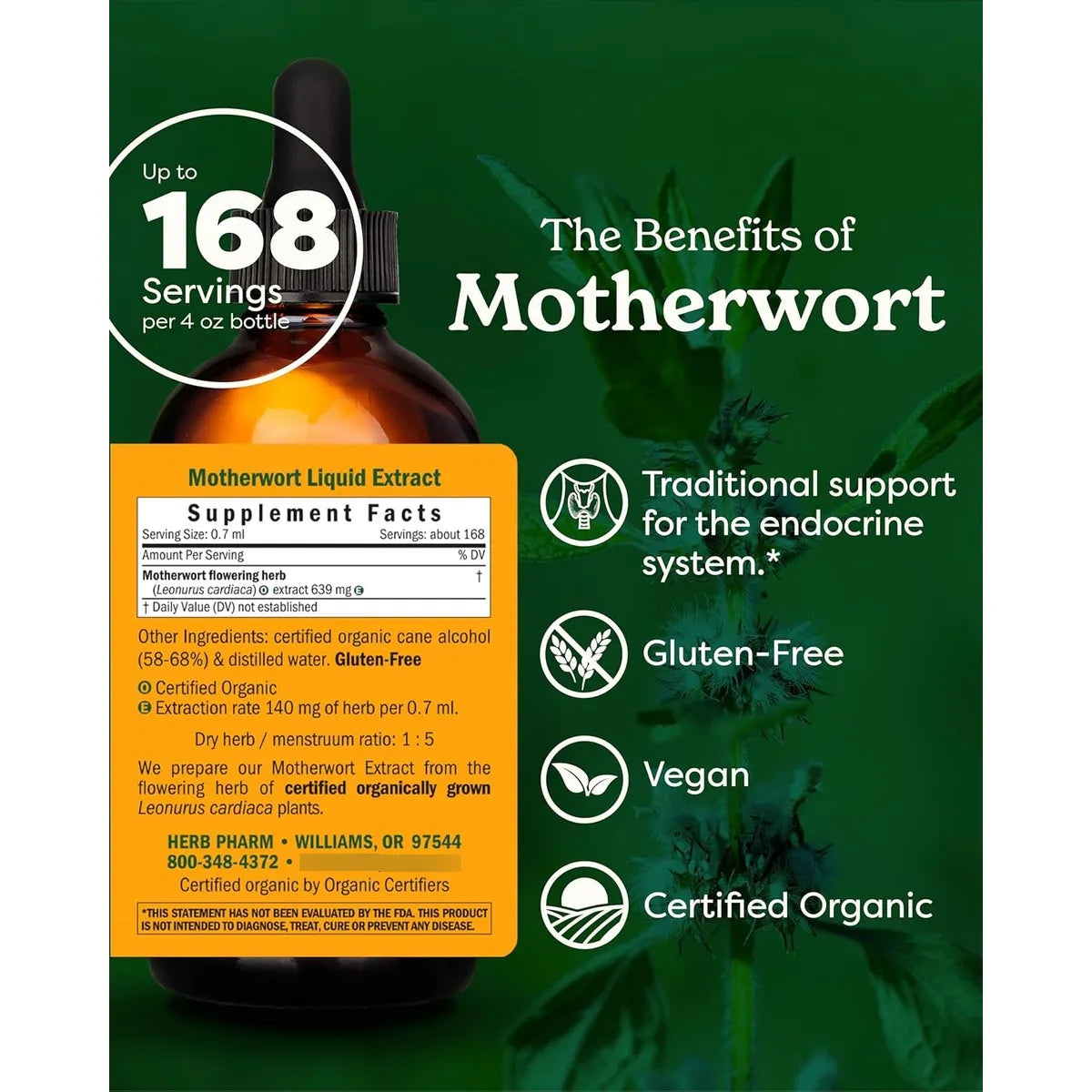 Extracto Líquido Orgánico De Motherwort 120ml Herb Pharm Apoyo Sistema Endocrino