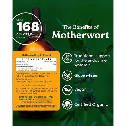 Extracto Líquido Orgánico De Motherwort 120ml Herb Pharm Apoyo Sistema Endocrino