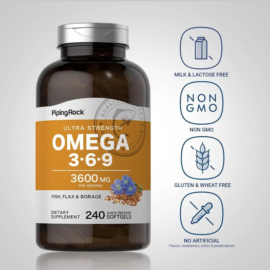 Omega 3 6 9 3600 Mg 240 Capsulas Blandas Piping Rock Aceite Pescado Lino Borraja Sin Gluten