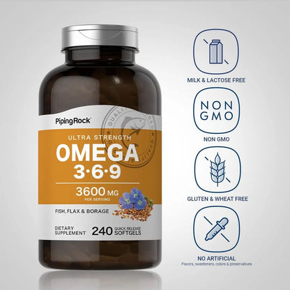 Omega 3 6 9 3600 Mg 240 Capsulas Blandas Piping Rock Aceite Pescado Lino Borraja Sin Gluten