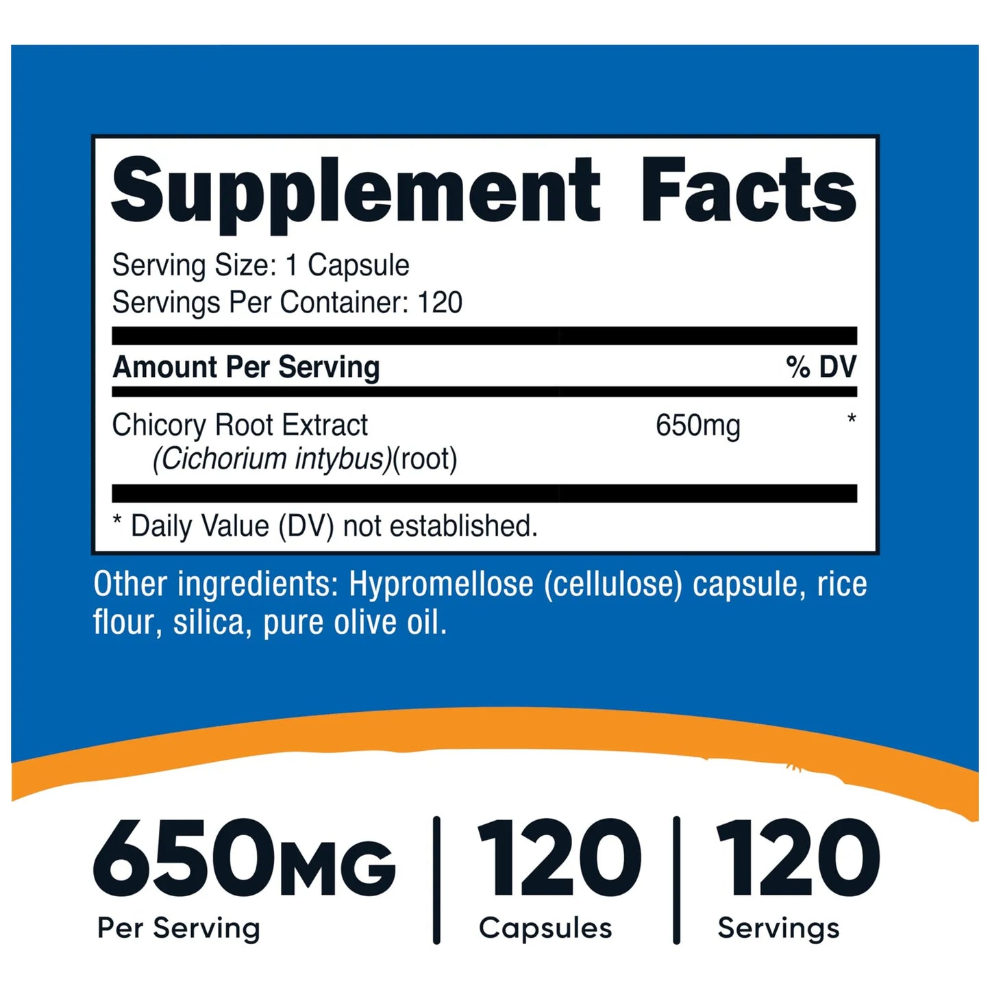 Raíz De Achicoria 650 Mg 120 Cápsulas Natural Sin OMG Sin Gluten