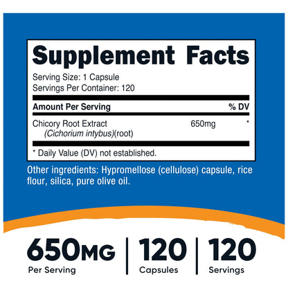 Raíz De Achicoria 650 Mg 120 Cápsulas Natural Sin OMG Sin Gluten