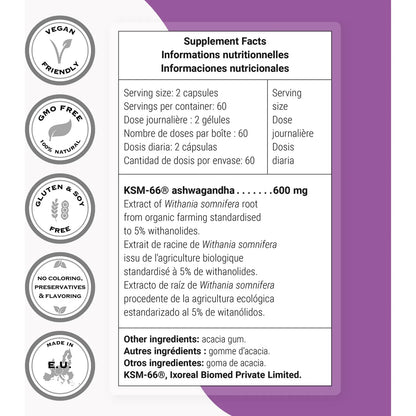 Super Ashwagandha KSM 66 600 Mg 5 Withanolides 120 Capsulas Veganas