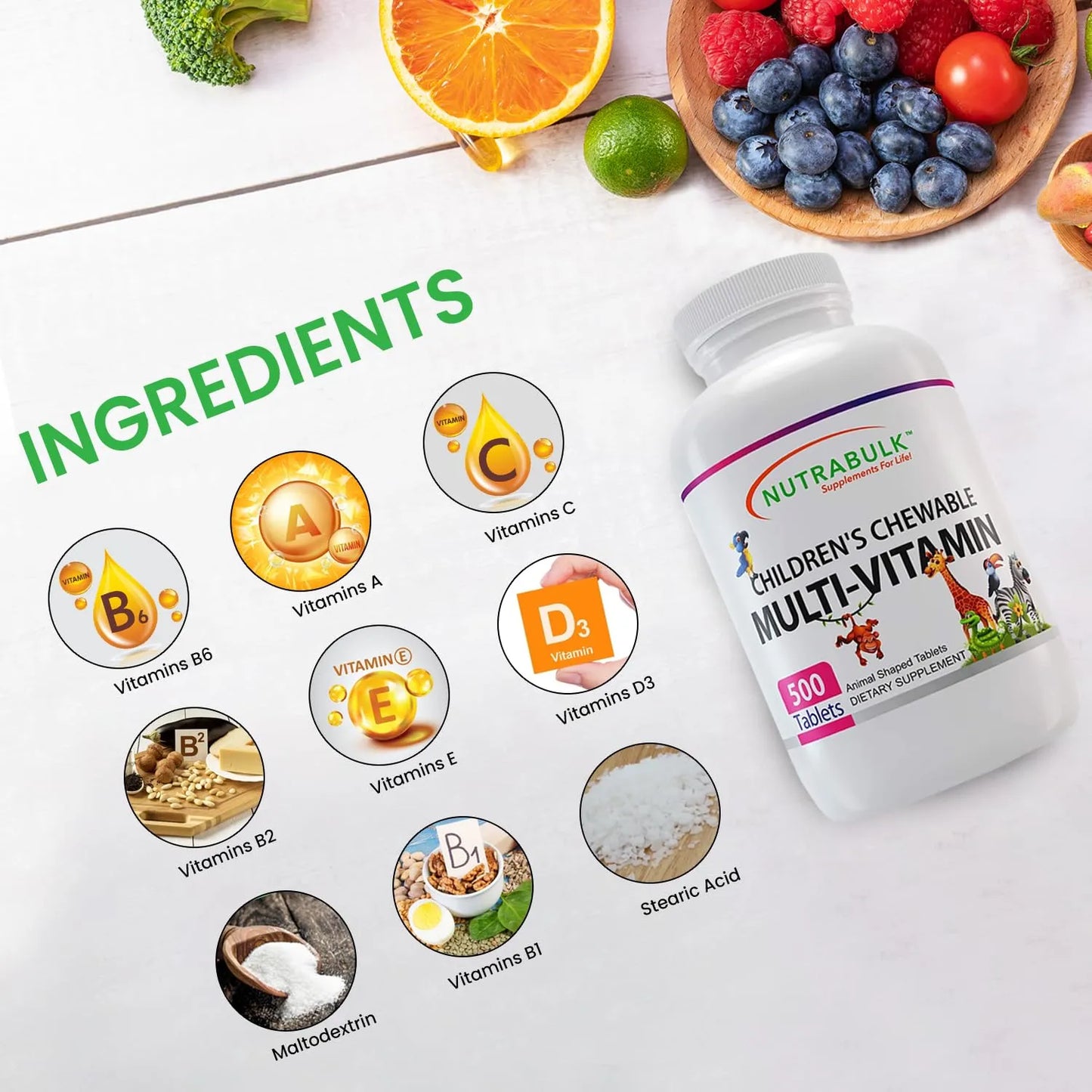Multivitaminas Masticables Infantiles Con Vitaminas A C D3 E B12 Zinc Sabor Frutas