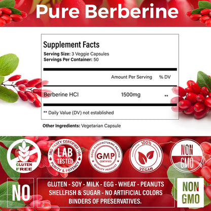 Berberina Premium 1500 Mg 150 Capsulas Soporte Inmunologico Puro Sin Gluten
