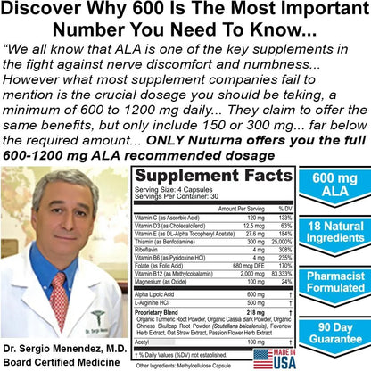 Soporte De Neuropatía Con Ácido Alfa Lipoico 600 Mg Y 18 Ingredientes Premium