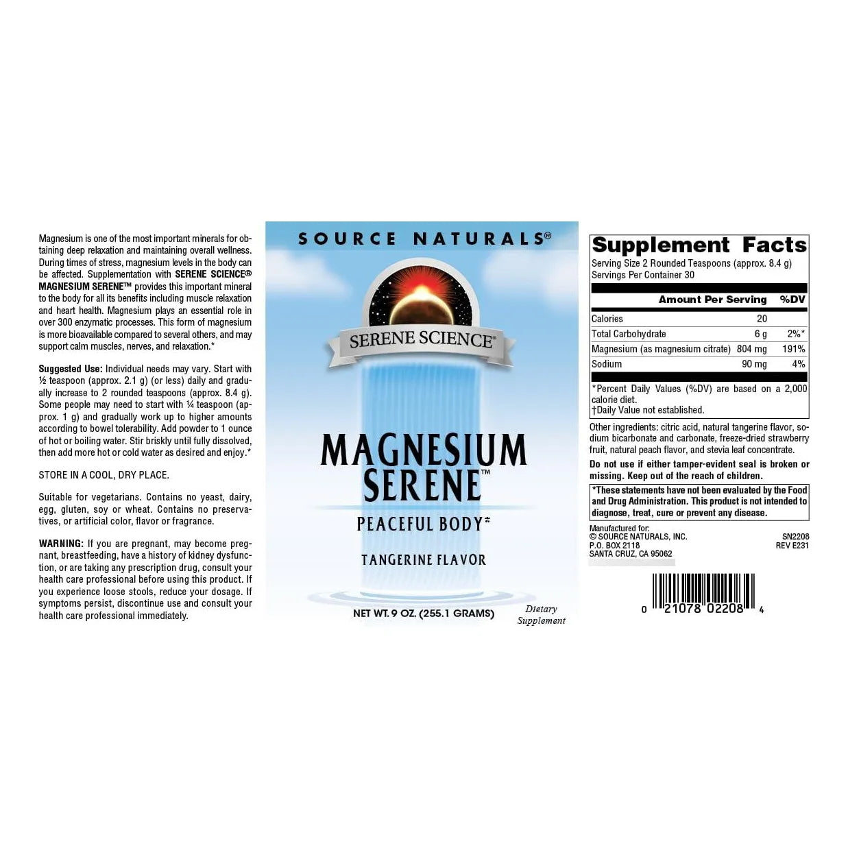 Polvo De Magnesio Sabor Mandarina 255 Gr Serene Science Cuerpo Pacifico