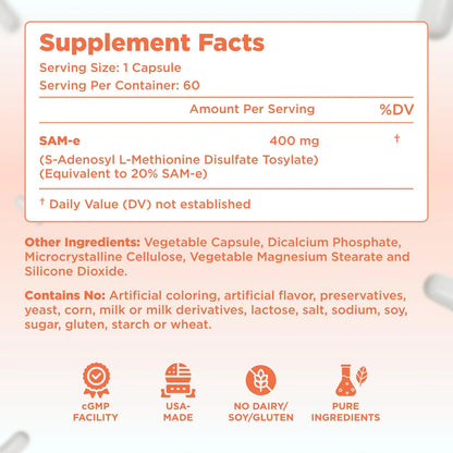 SAM E 400 Mg Suplemento Bioactivo Para Higado Y Estado De Animo Vegano Sin Gluten