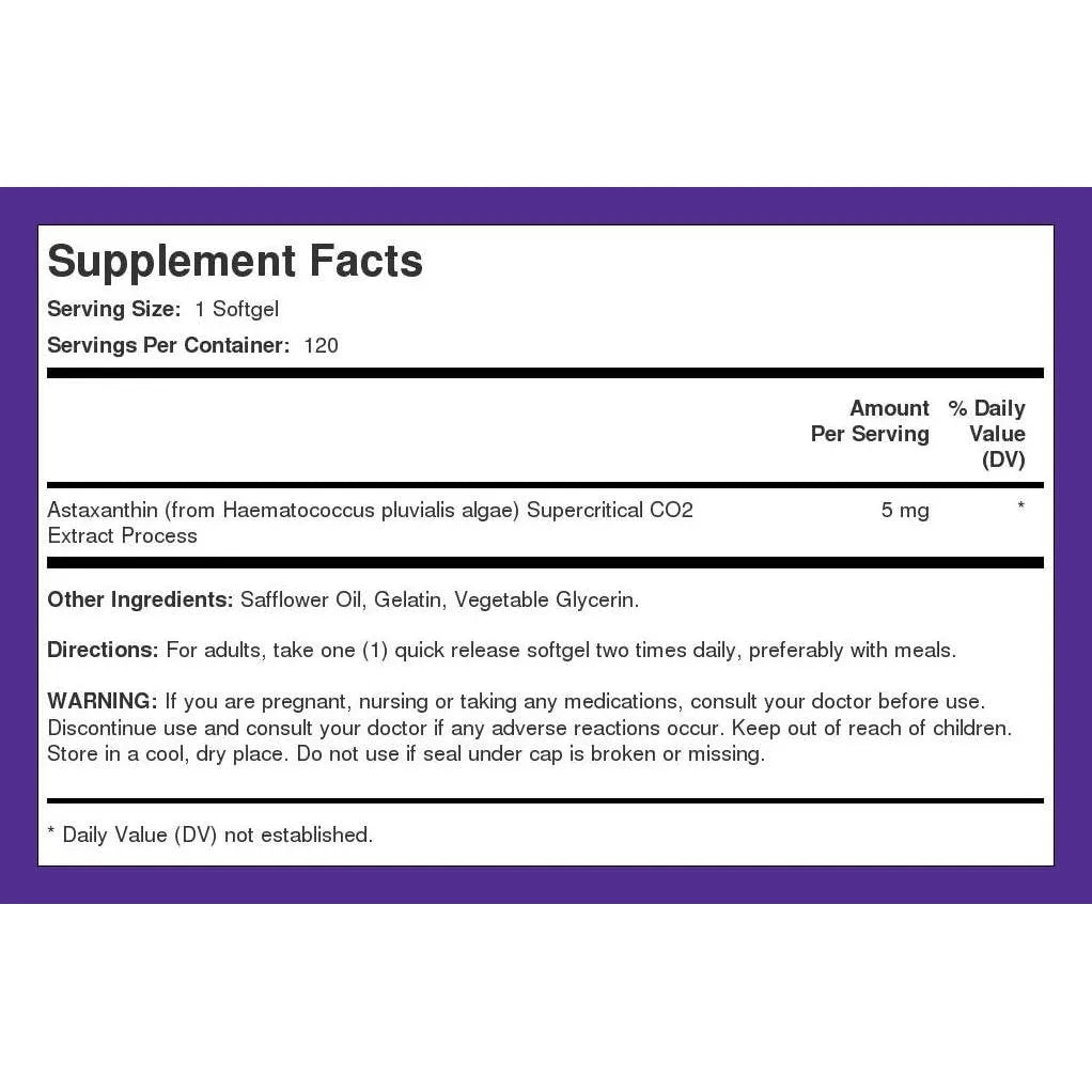 Astaxantina 5 Mg 120 Capsulas Blandas Antioxidante Natural Sin Gluten