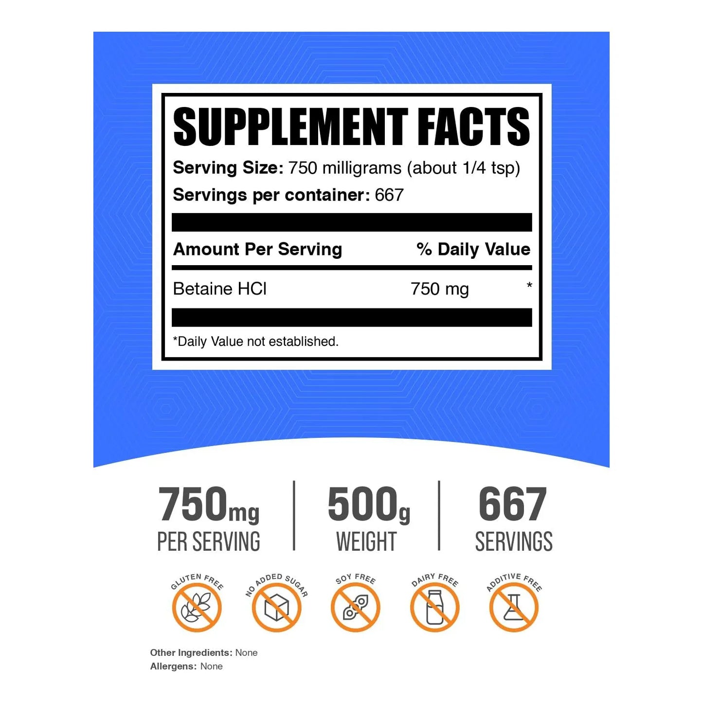 Betaína HCl Polvo 750 Mg 500 G Absorción Nutritiva Intestinal Saludable