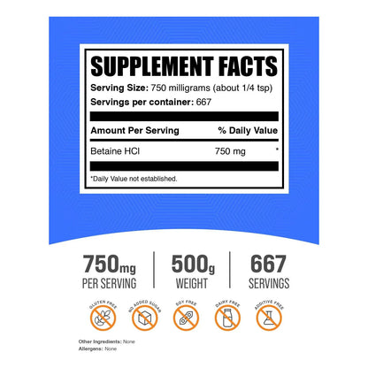 Betaína HCl Polvo 750 Mg 500 G Absorción Nutritiva Intestinal Saludable