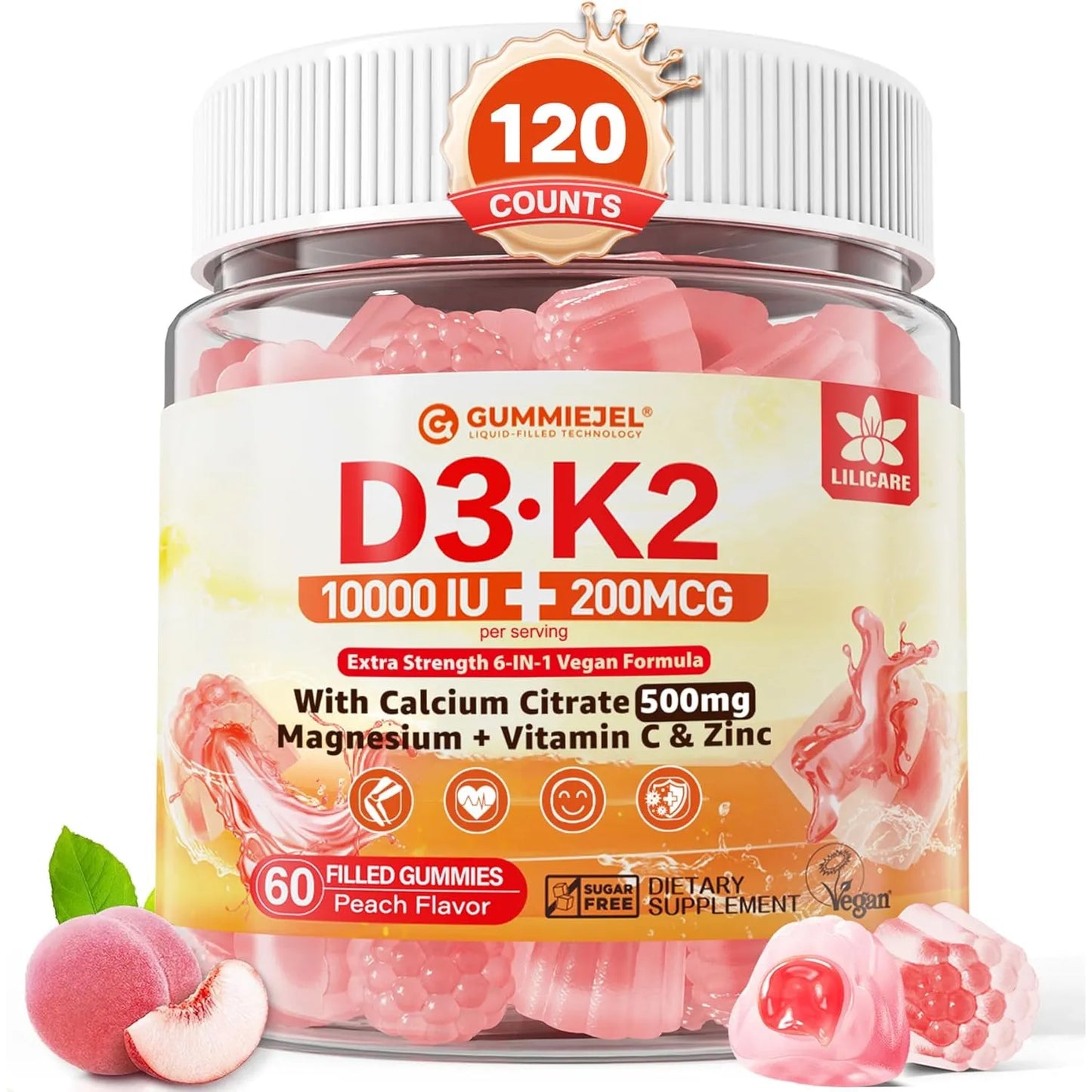 Gomitas Rellenas Vitamina D3 K2 Sin Azúcar 5000IU 10000UI Con Calcio Y K2 MK7