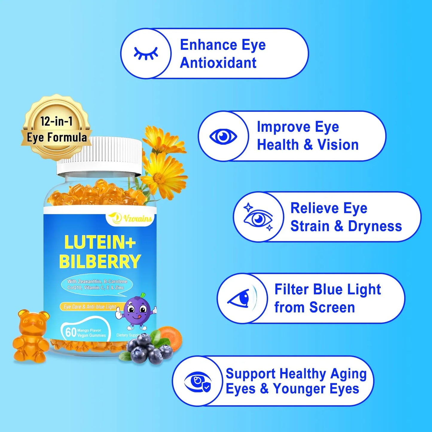Gomitas De Luteína Y Zeaxantina 20 Mg Con Arándano Y Astaxantina Suplemento Ocular