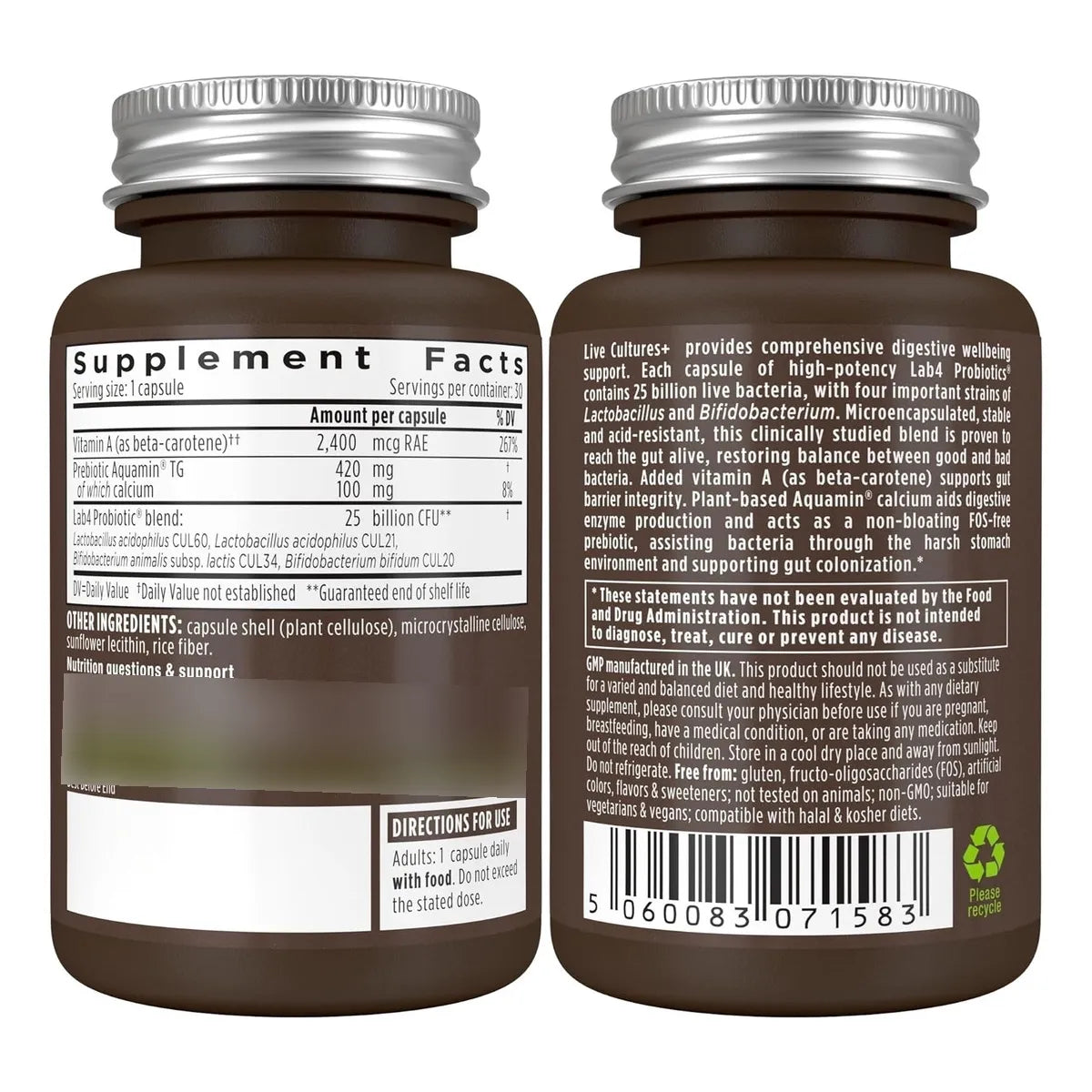 Probióticos Prebióticos 25 Mil Millones UFC Lactobacillus Acidophilus Salud Intestinal Vegano