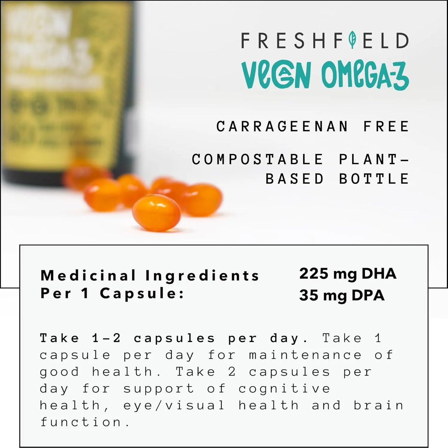 Aceite Omega 3 DHA Vegano Premium Botella Compostable 220mg Por Capsula Suministro 6 Meses