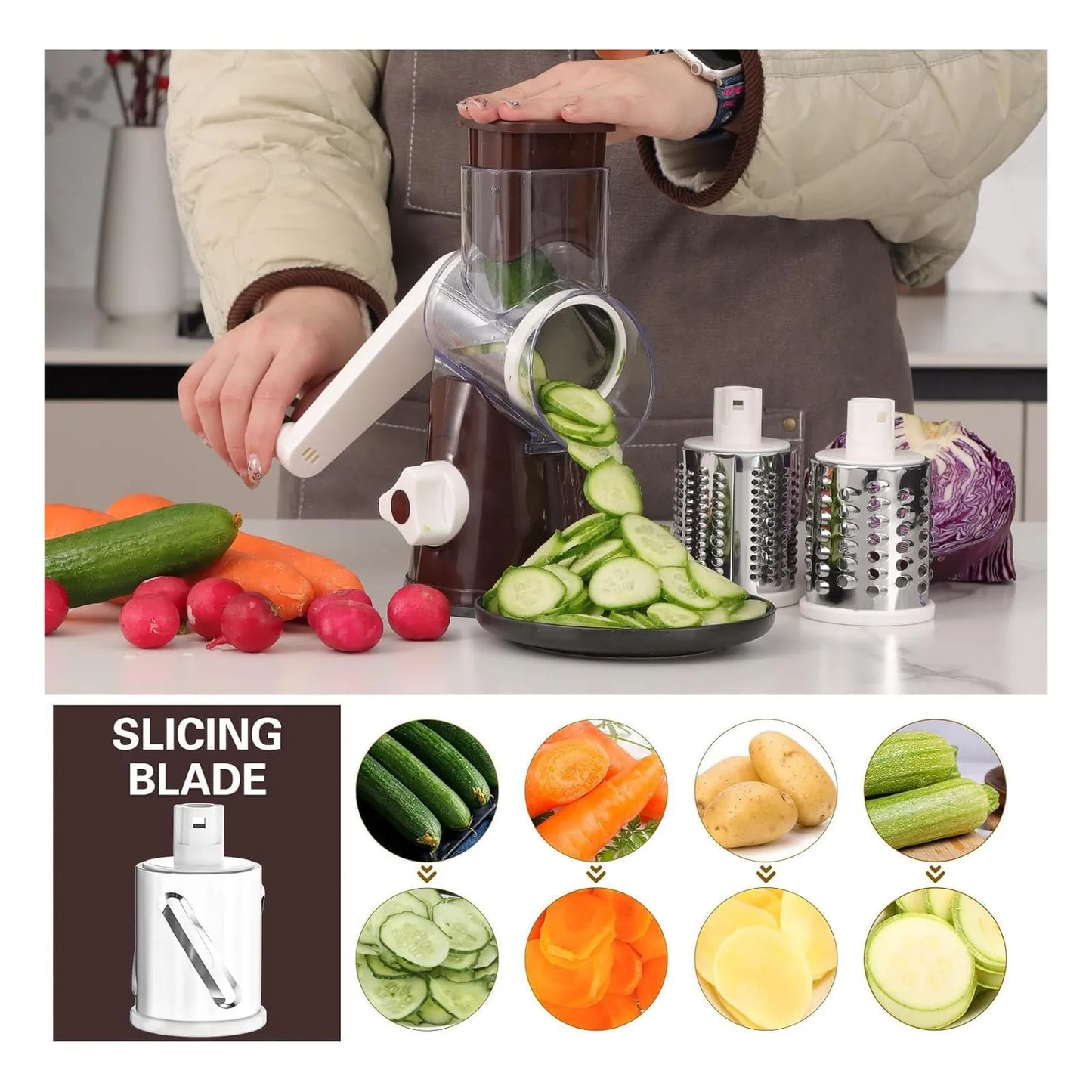 Rallador Rotativo De Queso Y Verduras Con Base Antideslizante Y 3 Cuchillas