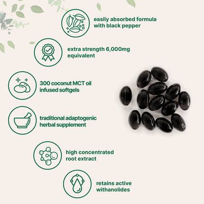 Ashwagandha 6000 Mg 300 Cápsulas Blandas Con Aceite Mct Y Pimienta Negra Para Máxima Absorción