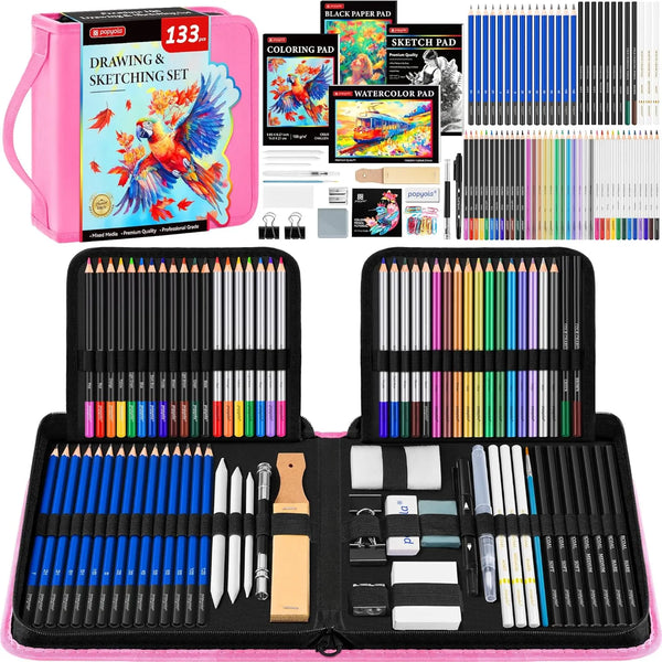 Kit De Dibujo Profesional 133 Piezas Con Cuaderno Y Accesorios Completo