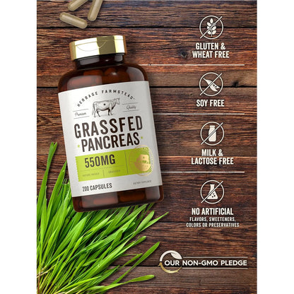 Pancreas De Carne Alimentada Con Pasto 550 Mg 200 Capsulas Suplemento Bovino Sin Omg Ni Gluten