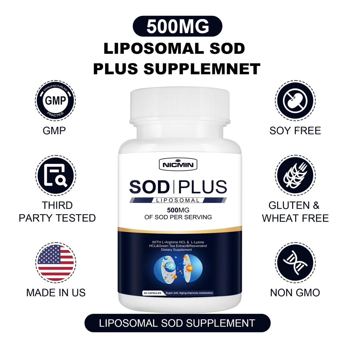 Suplemento Antioxidante SOD Plus 500 Mg Con Glutatión Liposomal Y Resveratrol Para Salud Celular