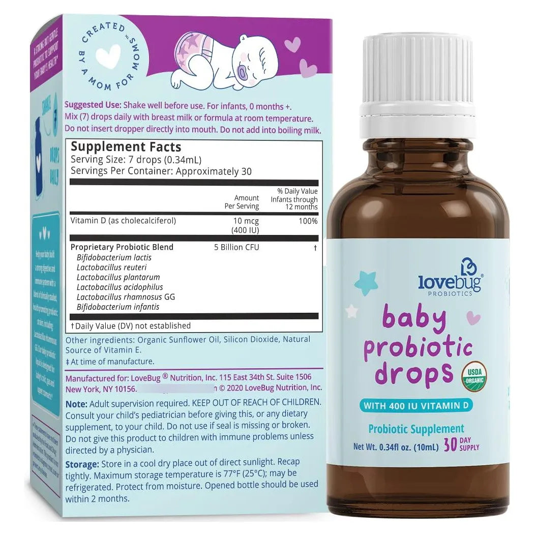 Lovebug Probiótico Orgánico Para Bebés 0-12 Meses Alivia Cólicos Reflujo