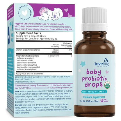 Lovebug Probiótico Orgánico Para Bebés 0-12 Meses Alivia Cólicos Reflujo