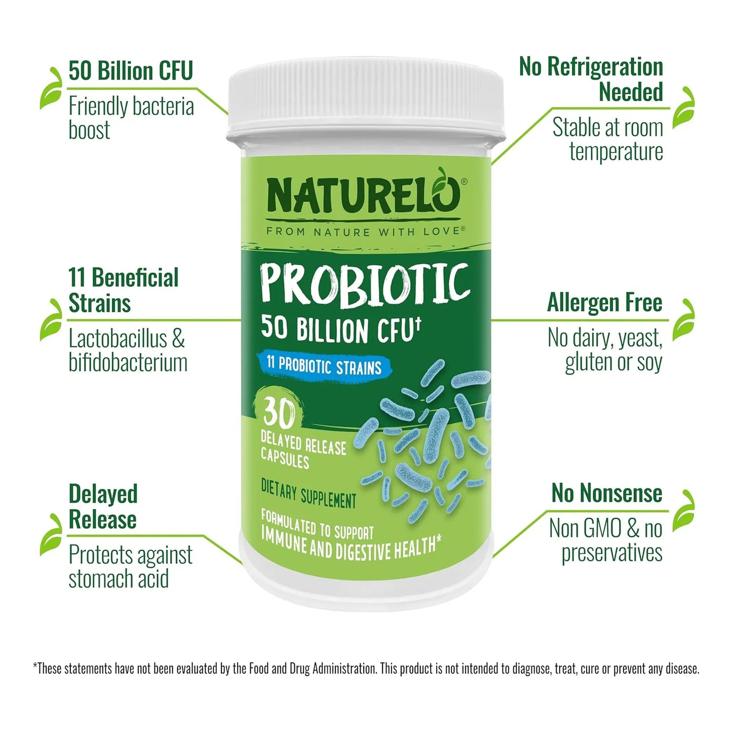 Probiótico NATURELO 50 Mil Millones CFU 11 Cepas Digestión E Inmunidad 30 Cápsulas Veganas