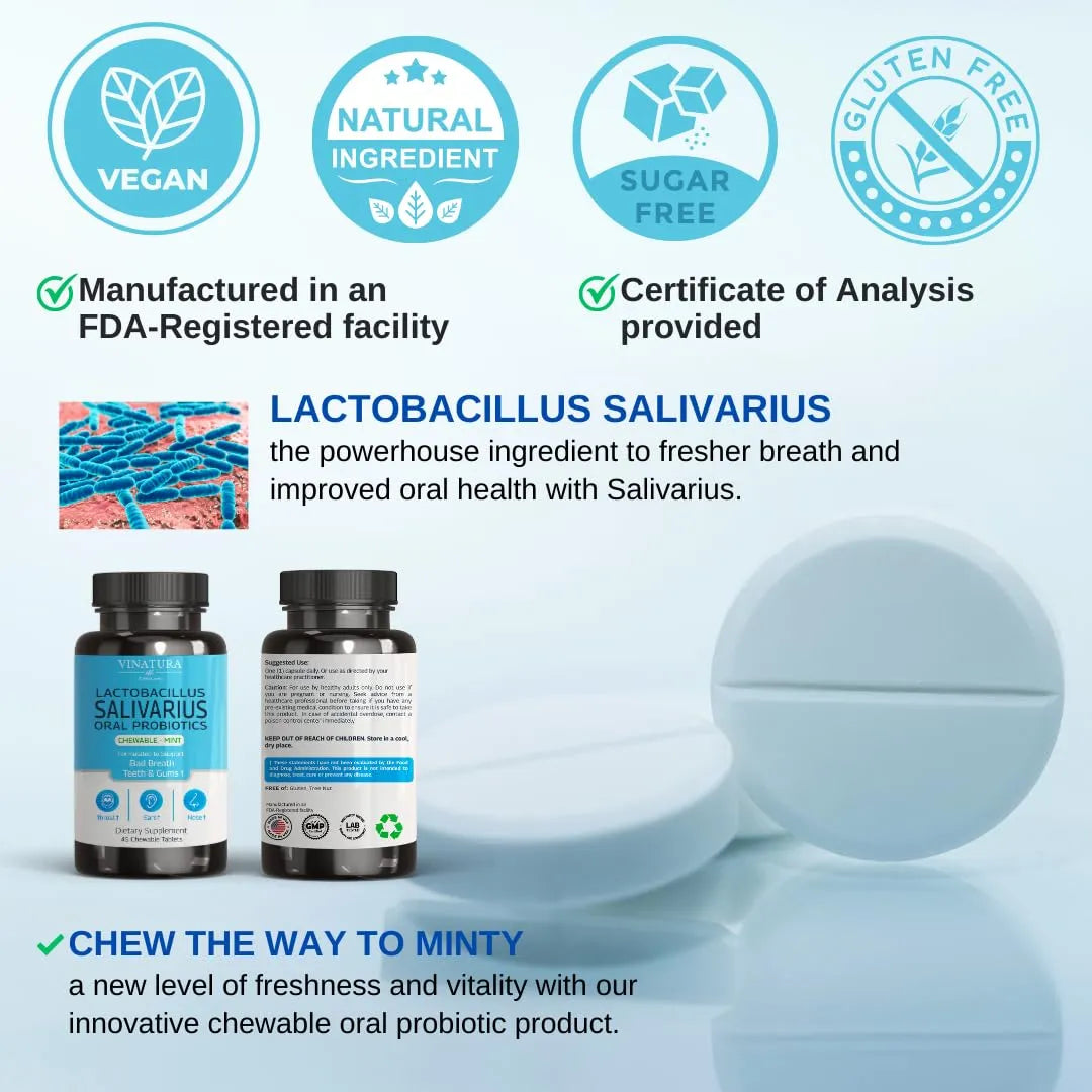 Tabletas Masticables Probióticos Lactobacillus Salivarius Para Aliento Fresco Y Salud Bucal 45 Unidades