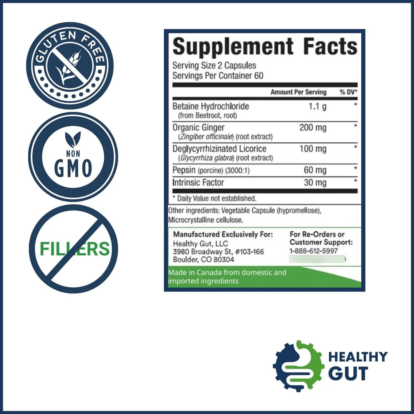 HCL Guard+ Apoyo Digestivo Con Betaína Jengibre Y Pepsina 60 Cápsulas