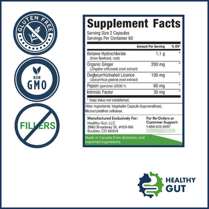 HCL Guard+ Apoyo Digestivo Con Betaína Jengibre Y Pepsina 60 Cápsulas