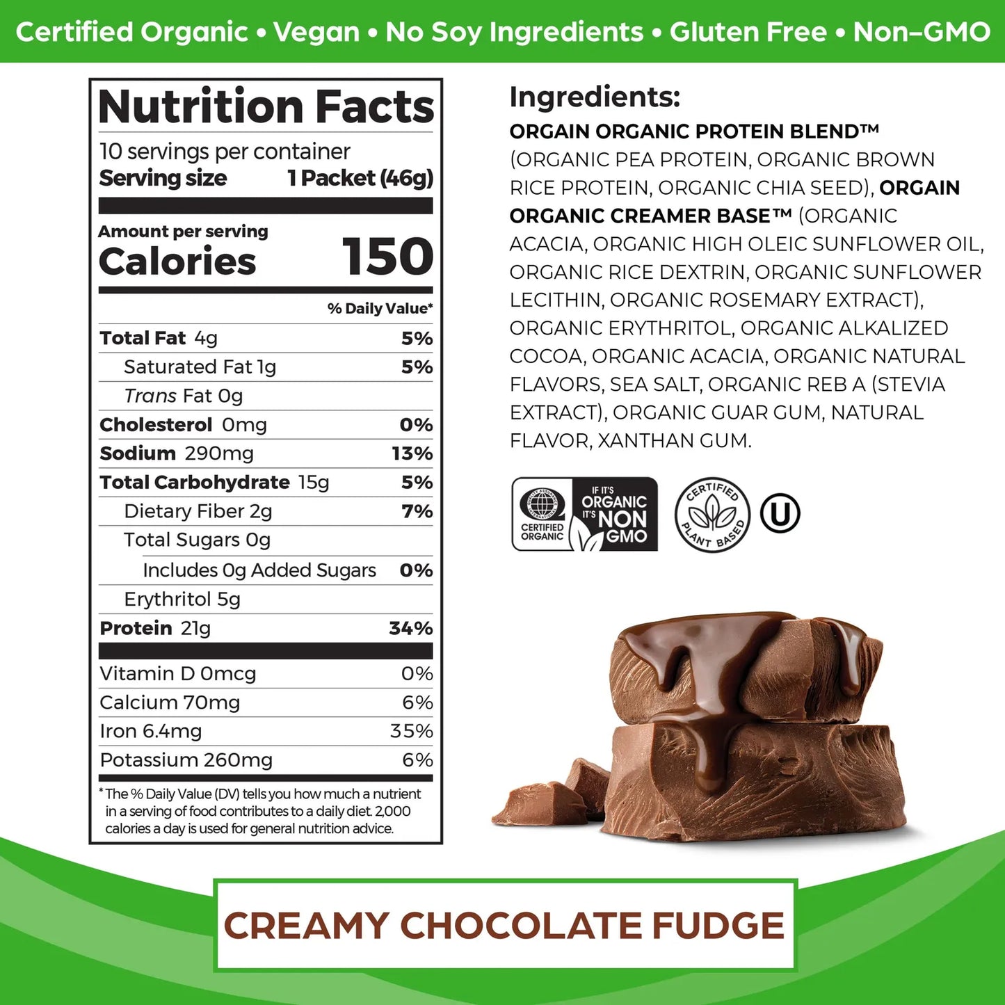 Polvo De Proteína Vegetal Orgánico Chocolate Cremoso 6 Gramos Sin Azúcar Vegano