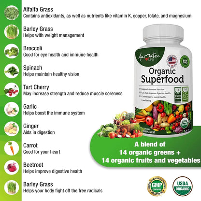 Verde Orgánico Superfood Complejo Frutas Verduras 14 Variedades Suplemento Dietético